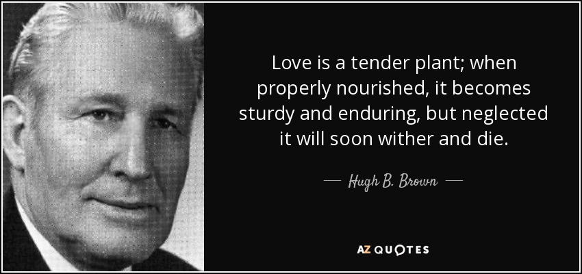 Love is a tender plant; when properly nourished, it becomes sturdy and enduring, but neglected it will soon wither and die. - Hugh B. Brown