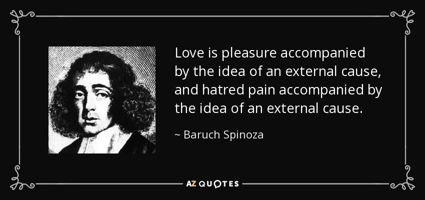 Love is pleasure accompanied by the idea of an external cause, and hatred pain accompanied by the idea of an external cause. - Baruch Spinoza