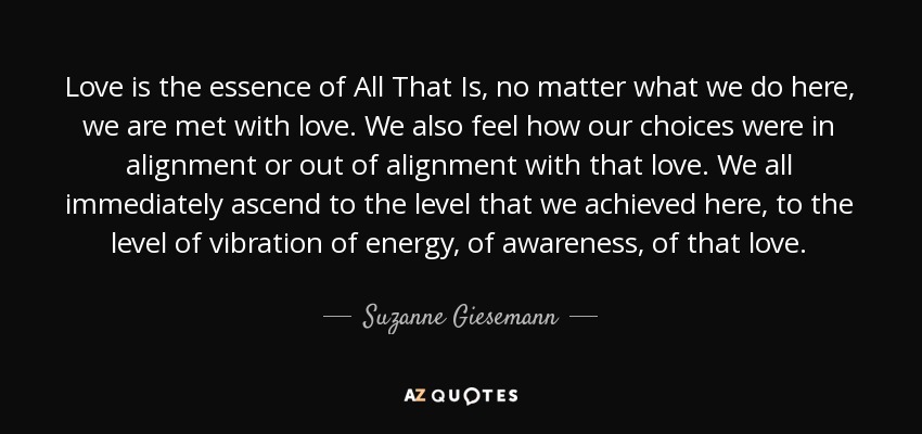 Love is the essence of All That Is, no matter what we do here, we are met with love. We also feel how our choices were in alignment or out of alignment with that love. We all immediately ascend to the level that we achieved here, to the level of vibration of energy, of awareness, of that love. - Suzanne Giesemann