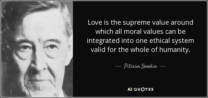 Love is the supreme value around which all moral values can be integrated into one ethical system valid for the whole of humanity. - Pitirim Sorokin