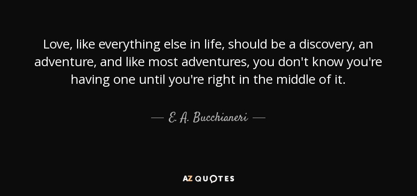 Love, like everything else in life, should be a discovery, an adventure, and like most adventures, you don't know you're having one until you're right in the middle of it. - E. A. Bucchianeri