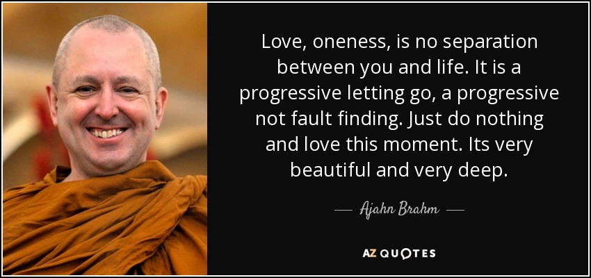 Love, oneness, is no separation between you and life. It is a progressive letting go, a progressive not fault finding. Just do nothing and love this moment. Its very beautiful and very deep. - Ajahn Brahm