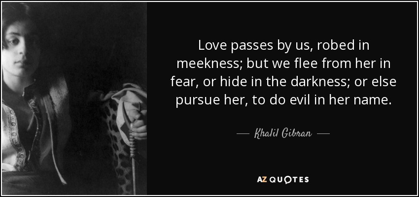 Love passes by us, robed in meekness; but we flee from her in fear, or hide in the darkness; or else pursue her, to do evil in her name. - Khalil Gibran