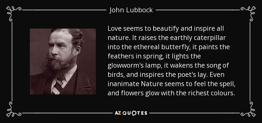 Love seems to beautify and inspire all nature. It raises the earthly caterpillar into the ethereal butterfly, it paints the feathers in spring, it lights the glowworm's lamp, it wakens the song of birds, and inspires the poet's lay. Even inanimate Nature seems to feel the spell, and flowers glow with the richest colours. - John Lubbock