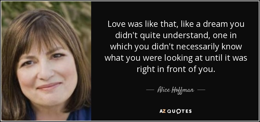 Love was like that, like a dream you didn't quite understand, one in which you didn't necessarily know what you were looking at until it was right in front of you. - Alice Hoffman