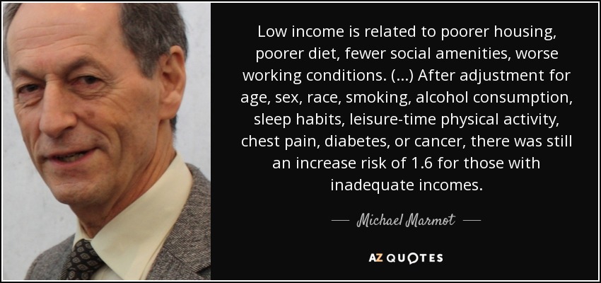 Low income is related to poorer housing, poorer diet, fewer social amenities, worse working conditions. (...) After adjustment for age, sex, race, smoking, alcohol consumption, sleep habits, leisure-time physical activity, chest pain, diabetes, or cancer, there was still an increase risk of 1.6 for those with inadequate incomes. - Michael Marmot
