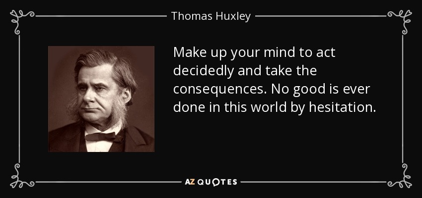 Make up your mind to act decidedly and take the consequences. No good is ever done in this world by hesitation. - Thomas Huxley