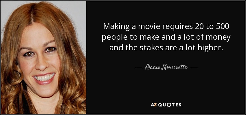 Making a movie requires 20 to 500 people to make and a lot of money and the stakes are a lot higher. - Alanis Morissette