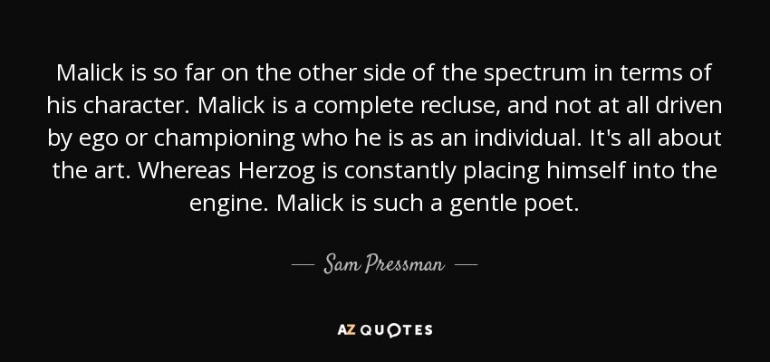 Malick is so far on the other side of the spectrum in terms of his character. Malick is a complete recluse, and not at all driven by ego or championing who he is as an individual. It's all about the art. Whereas Herzog is constantly placing himself into the engine. Malick is such a gentle poet. - Sam Pressman