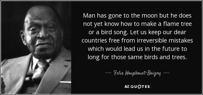 Man has gone to the moon but he does not yet know how to make a flame tree or a bird song. Let us keep our dear countries free from irreversible mistakes which would lead us in the future to long for those same birds and trees. - Felix Houphouet-Boigny