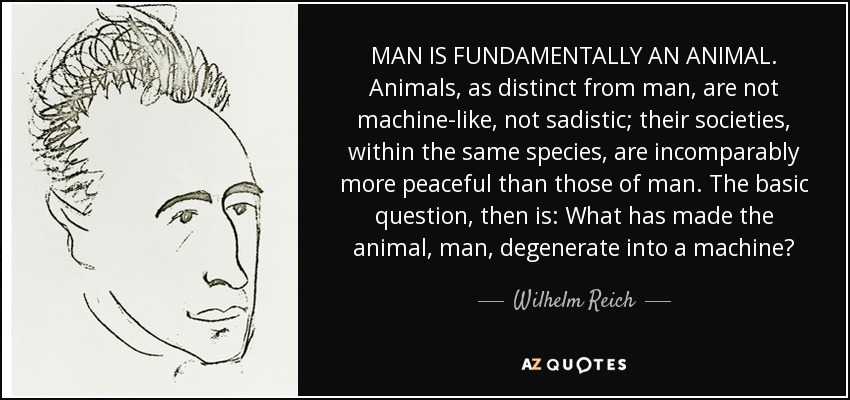 MAN IS FUNDAMENTALLY AN ANIMAL. Animals, as distinct from man, are not machine-like, not sadistic; their societies, within the same species, are incomparably more peaceful than those of man. The basic question, then is: What has made the animal, man, degenerate into a machine? - Wilhelm Reich