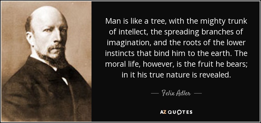 Man is like a tree, with the mighty trunk of intellect, the spreading branches of imagination, and the roots of the lower instincts that bind him to the earth. The moral life, however, is the fruit he bears; in it his true nature is revealed. - Felix Adler