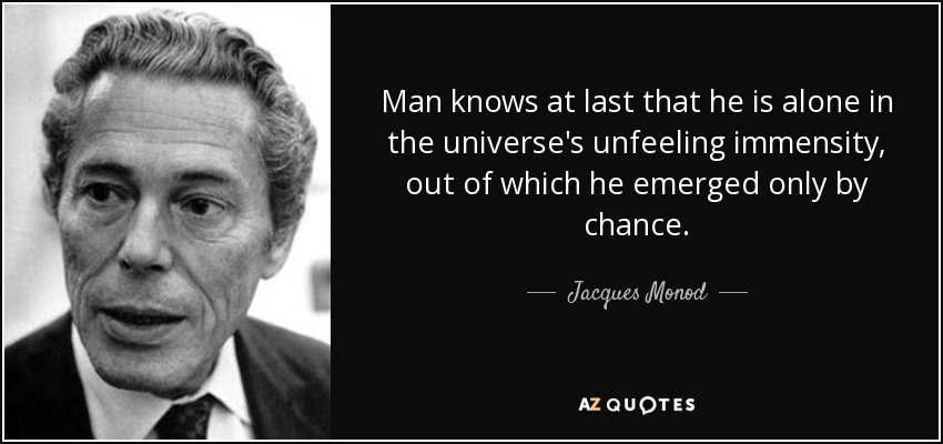 Man knows at last that he is alone in the universe's unfeeling immensity, out of which he emerged only by chance. - Jacques Monod
