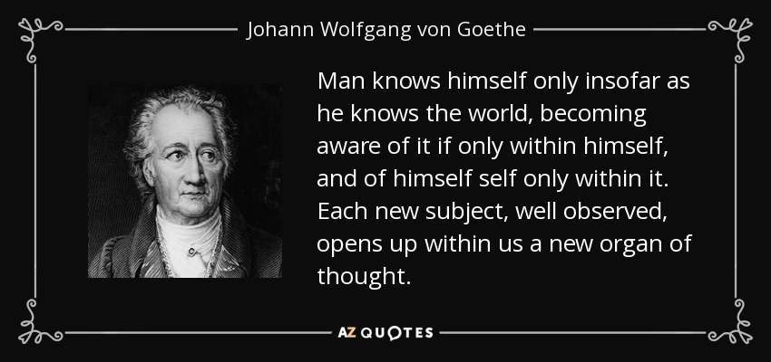 Man knows himself only insofar as he knows the world, becoming aware of it if only within himself, and of himself self only within it. Each new subject, well observed, opens up within us a new organ of thought. - Johann Wolfgang von Goethe