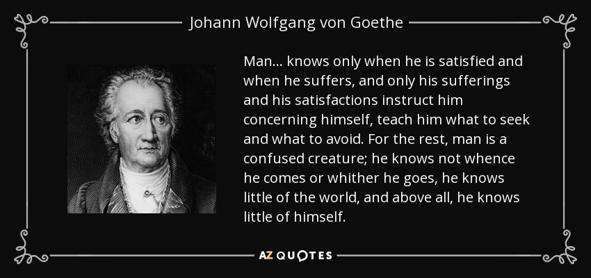 Man... knows only when he is satisfied and when he suffers, and only his sufferings and his satisfactions instruct him concerning himself, teach him what to seek and what to avoid. For the rest, man is a confused creature; he knows not whence he comes or whither he goes, he knows little of the world, and above all, he knows little of himself. - Johann Wolfgang von Goethe