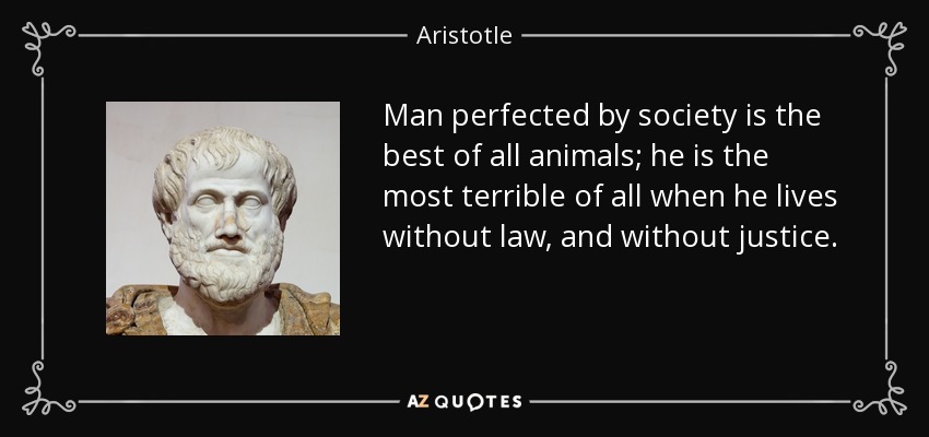 Man perfected by society is the best of all animals; he is the most terrible of all when he lives without law, and without justice. - Aristotle