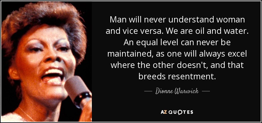 Man will never understand woman and vice versa. We are oil and water. An equal level can never be maintained, as one will always excel where the other doesn't, and that breeds resentment. - Dionne Warwick