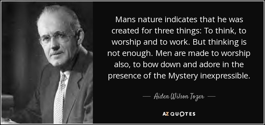 Mans nature indicates that he was created for three things: To think, to worship and to work. But thinking is not enough. Men are made to worship also, to bow down and adore in the presence of the Mystery inexpressible. - Aiden Wilson Tozer