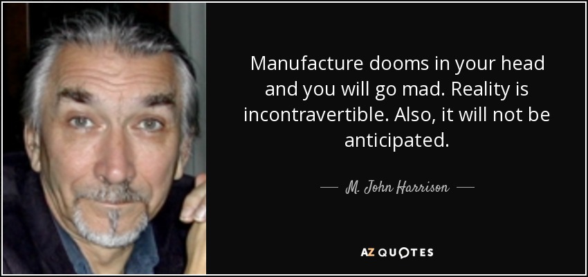 Manufacture dooms in your head and you will go mad. Reality is incontravertible. Also, it will not be anticipated. - M. John Harrison