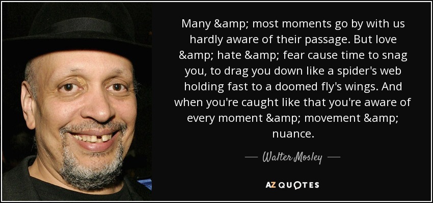 Many & most moments go by with us hardly aware of their passage. But love & hate & fear cause time to snag you, to drag you down like a spider's web holding fast to a doomed fly's wings. And when you're caught like that you're aware of every moment & movement & nuance. - Walter Mosley