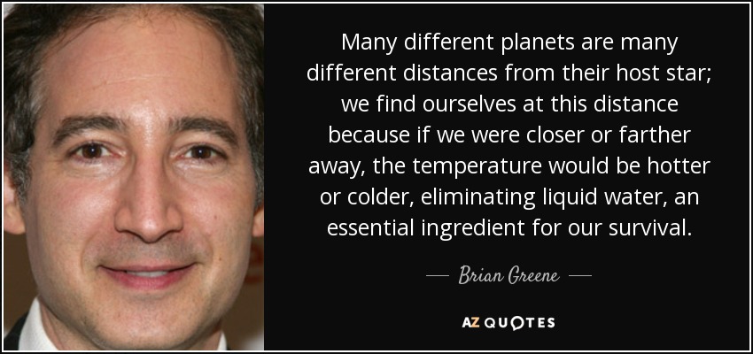 Many different planets are many different distances from their host star; we find ourselves at this distance because if we were closer or farther away, the temperature would be hotter or colder, eliminating liquid water, an essential ingredient for our survival. - Brian Greene