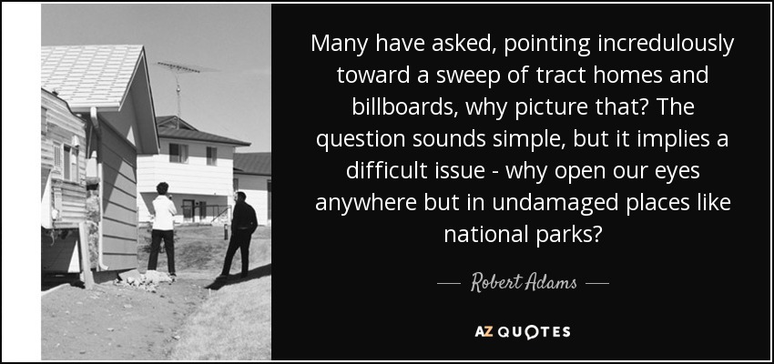 Many have asked, pointing incredulously toward a sweep of tract homes and billboards, why picture that? The question sounds simple, but it implies a difficult issue - why open our eyes anywhere but in undamaged places like national parks? - Robert Adams