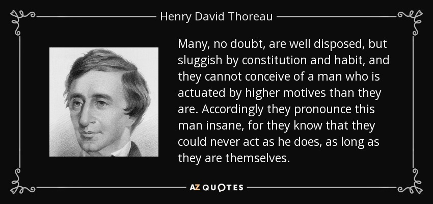 Many, no doubt, are well disposed, but sluggish by constitution and habit, and they cannot conceive of a man who is actuated by higher motives than they are. Accordingly they pronounce this man insane, for they know that they could never act as he does, as long as they are themselves. - Henry David Thoreau