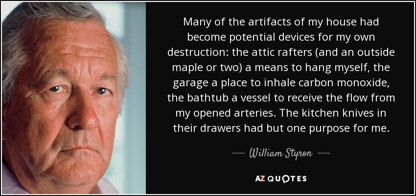 Many of the artifacts of my house had become potential devices for my own destruction: the attic rafters (and an outside maple or two) a means to hang myself, the garage a place to inhale carbon monoxide, the bathtub a vessel to receive the flow from my opened arteries. The kitchen knives in their drawers had but one purpose for me. - William Styron