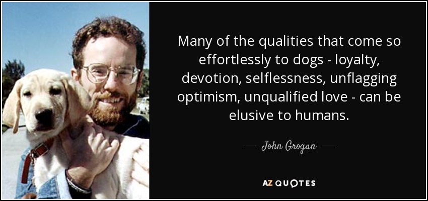 Many of the qualities that come so effortlessly to dogs - loyalty, devotion, selflessness, unflagging optimism, unqualified love - can be elusive to humans. - John Grogan