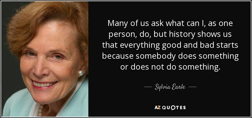 Many of us ask what can I, as one person, do, but history shows us that everything good and bad starts because somebody does something or does not do something. - Sylvia Earle