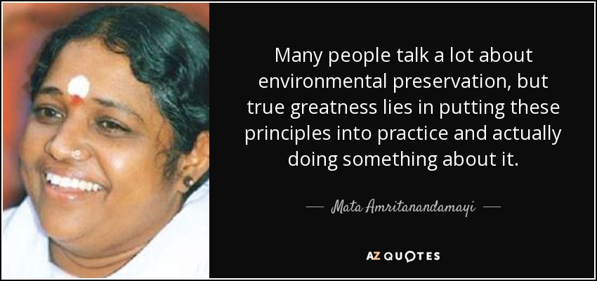 Many people talk a lot about environmental preservation, but true greatness lies in putting these principles into practice and actually doing something about it. - Mata Amritanandamayi