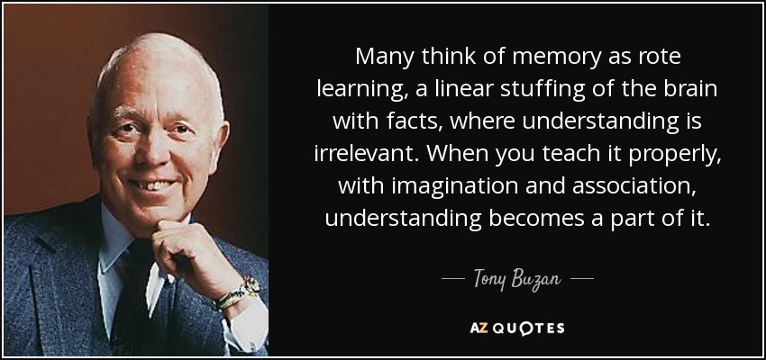 Many think of memory as rote learning, a linear stuffing of the brain with facts, where understanding is irrelevant. When you teach it properly, with imagination and association, understanding becomes a part of it. - Tony Buzan