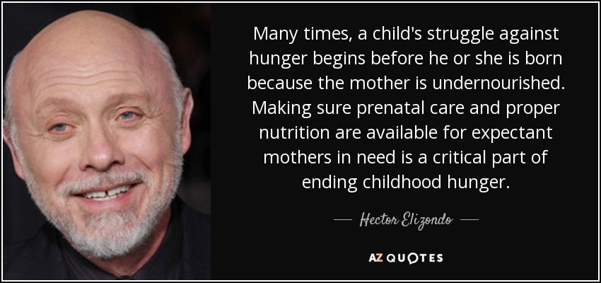 Many times, a child's struggle against hunger begins before he or she is born because the mother is undernourished. Making sure prenatal care and proper nutrition are available for expectant mothers in need is a critical part of ending childhood hunger. - Hector Elizondo
