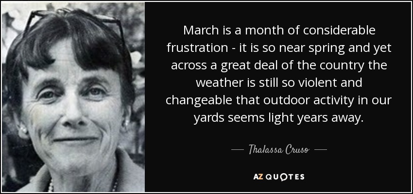 March is a month of considerable frustration - it is so near spring and yet across a great deal of the country the weather is still so violent and changeable that outdoor activity in our yards seems light years away. - Thalassa Cruso