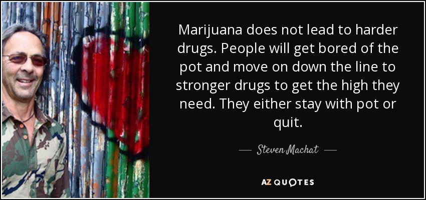 Marijuana does not lead to harder drugs. People will get bored of the pot and move on down the line to stronger drugs to get the high they need. They either stay with pot or quit. - Steven Machat