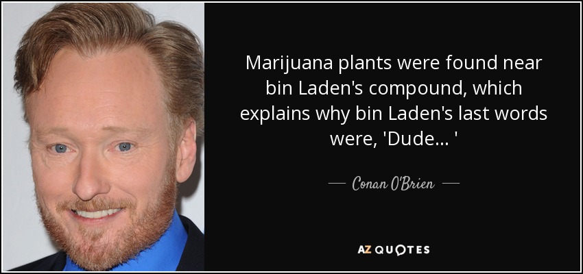 Marijuana plants were found near bin Laden's compound, which explains why bin Laden's last words were, 'Dude... ' - Conan O'Brien