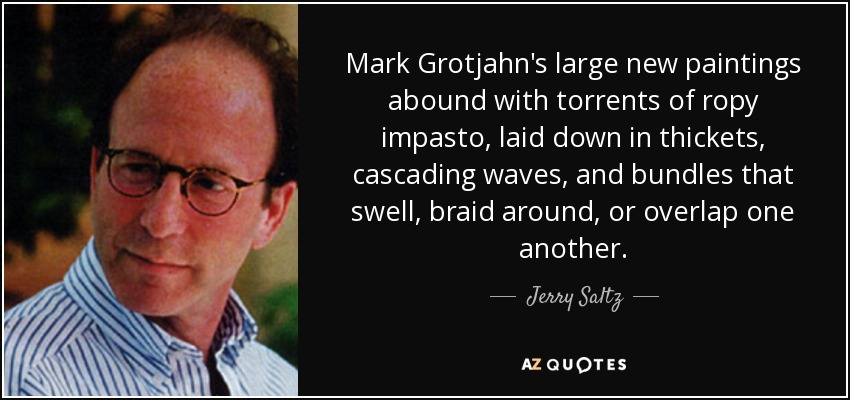 Mark Grotjahn's large new paintings abound with torrents of ropy impasto, laid down in thickets, cascading waves, and bundles that swell, braid around, or overlap one another. - Jerry Saltz