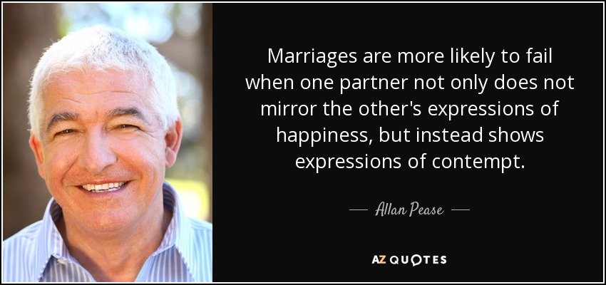 Marriages are more likely to fail when one partner not only does not mirror the other's expressions of happiness, but instead shows expressions of contempt. - Allan Pease