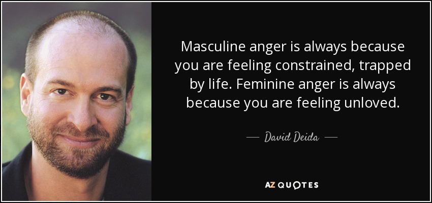 Masculine anger is always because you are feeling constrained, trapped by life. Feminine anger is always because you are feeling unloved. - David Deida