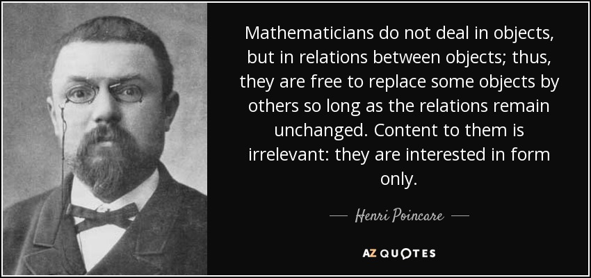 Mathematicians do not deal in objects, but in relations between objects; thus, they are free to replace some objects by others so long as the relations remain unchanged. Content to them is irrelevant: they are interested in form only. - Henri Poincare