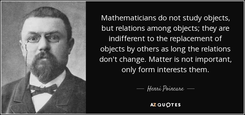 Mathematicians do not study objects, but relations among objects; they are indifferent to the replacement of objects by others as long the relations don't change. Matter is not important, only form interests them. - Henri Poincare