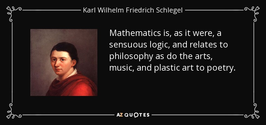 Mathematics is, as it were, a sensuous logic, and relates to philosophy as do the arts, music, and plastic art to poetry. - Karl Wilhelm Friedrich Schlegel