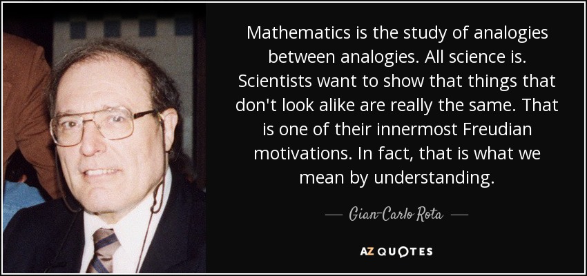 Mathematics is the study of analogies between analogies. All science is. Scientists want to show that things that don't look alike are really the same. That is one of their innermost Freudian motivations. In fact, that is what we mean by understanding. - Gian-Carlo Rota