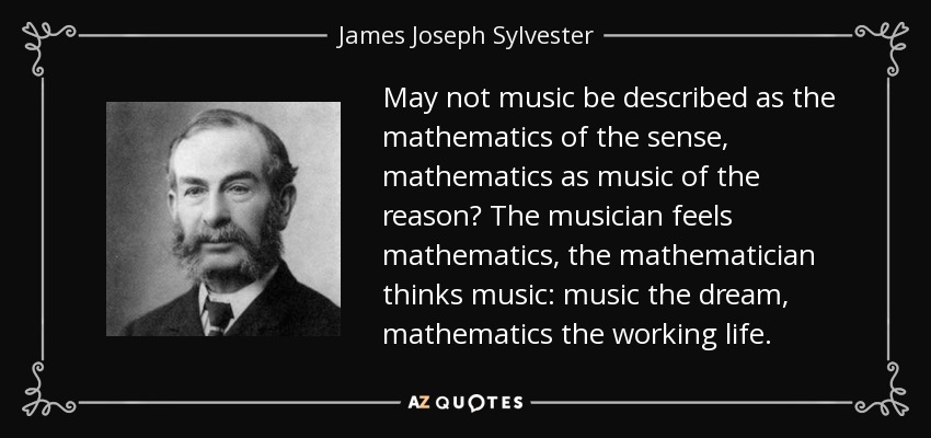 May not music be described as the mathematics of the sense, mathematics as music of the reason? The musician feels mathematics, the mathematician thinks music: music the dream, mathematics the working life. - James Joseph Sylvester