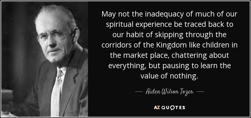 May not the inadequacy of much of our spiritual experience be traced back to our habit of skipping through the corridors of the Kingdom like children in the market place, chattering about everything, but pausing to learn the value of nothing. - Aiden Wilson Tozer