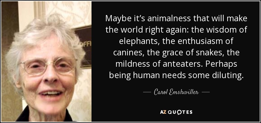 Maybe it’s animalness that will make the world right again: the wisdom of elephants, the enthusiasm of canines, the grace of snakes, the mildness of anteaters. Perhaps being human needs some diluting. - Carol Emshwiller
