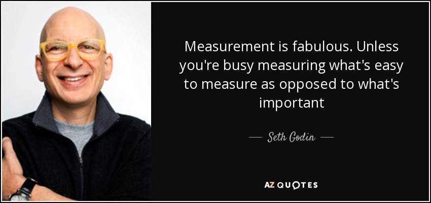Measurement is fabulous. Unless you're busy measuring what's easy to measure as opposed to what's important - Seth Godin