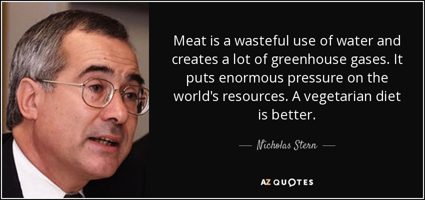 Meat is a wasteful use of water and creates a lot of greenhouse gases. It puts enormous pressure on the world's resources. A vegetarian diet is better. - Nicholas Stern