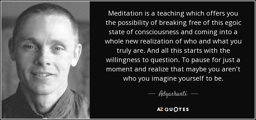 Meditation is a teaching which offers you the possibility of breaking free of this egoic state of consciousness and coming into a whole new realization of who and what you truly are. And all this starts with the willingness to question. To pause for just a moment and realize that maybe you aren't who you imagine yourself to be. - Adyashanti