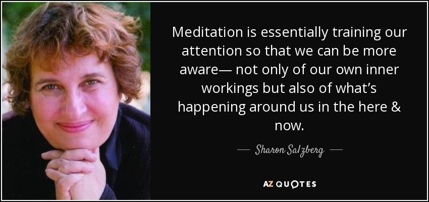 Meditation is essentially training our attention so that we can be more aware— not only of our own inner workings but also of what’s happening around us in the here & now. - Sharon Salzberg